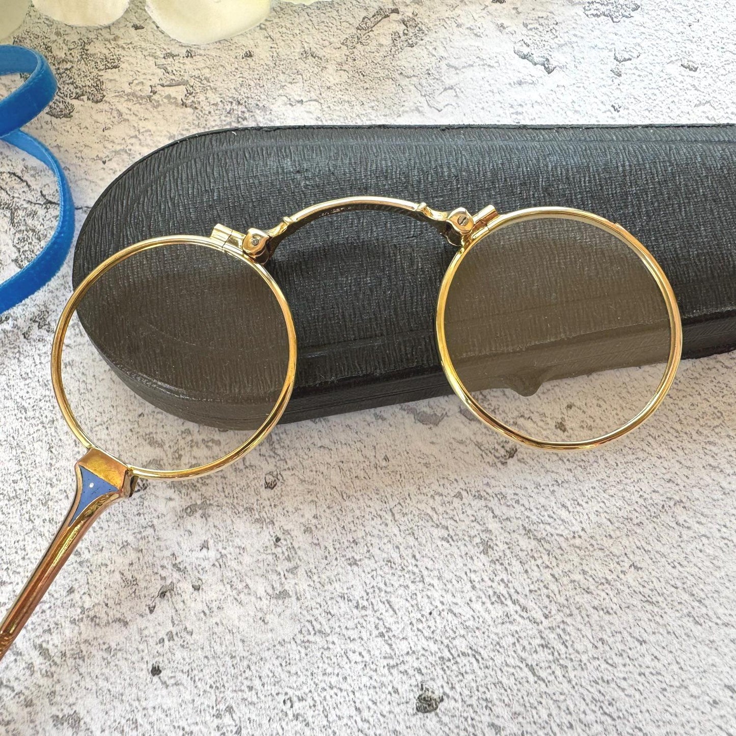 Antique 14ct Gold Filled French Blue Enamel Folding Lorgnette/Quizzing Glass In Original Case. Victorian Eyeglasses. Gold Magnifying Pendant