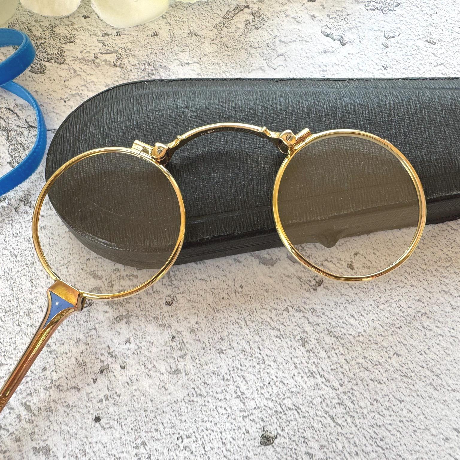 Antique 14ct Gold Filled French Blue Enamel Folding Lorgnette/Quizzing Glass In Original Case. Victorian Eyeglasses. Gold Magnifying Pendant