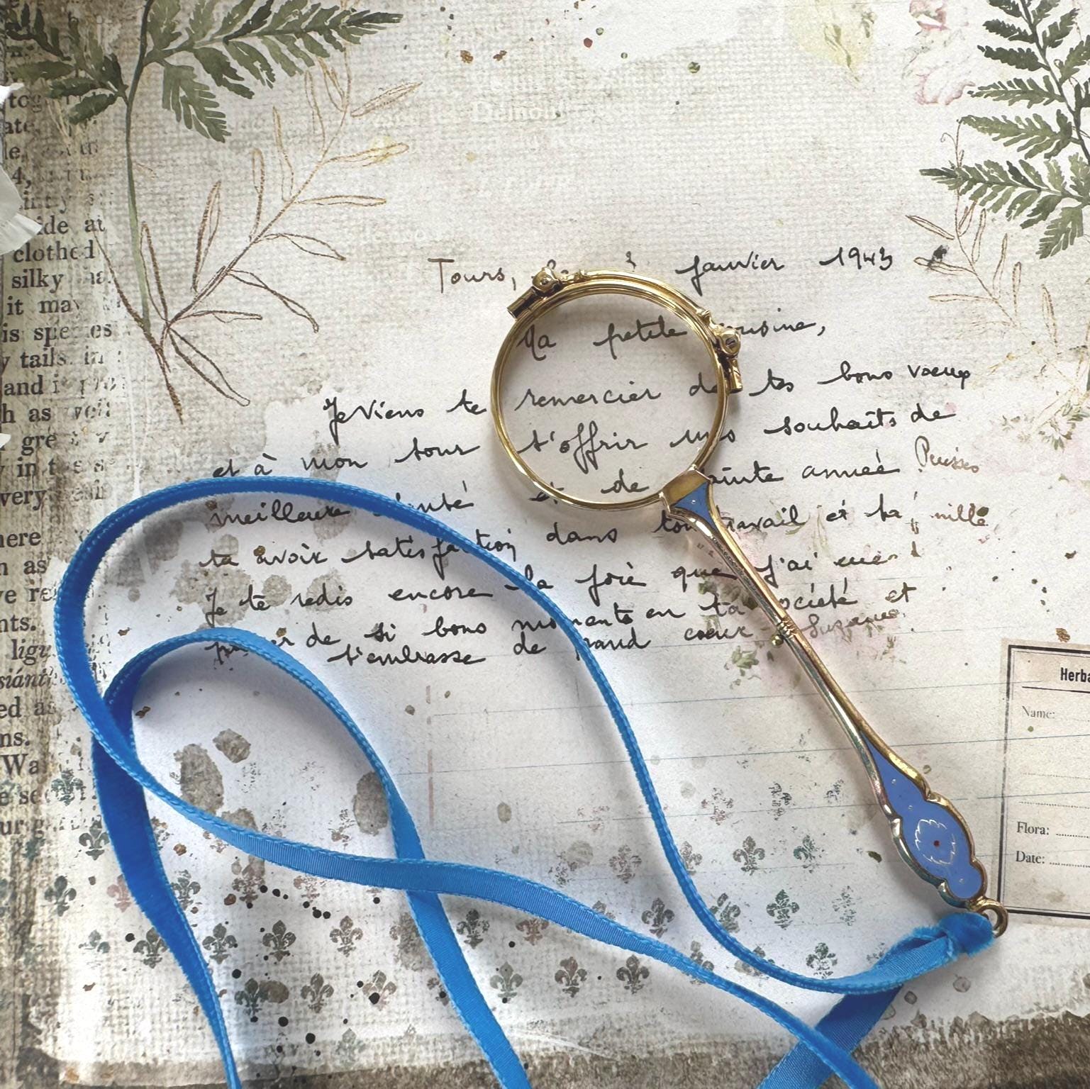 Antique 14ct Gold Filled French Blue Enamel Folding Lorgnette/Quizzing Glass In Original Case. Victorian Eyeglasses. Gold Magnifying Pendant