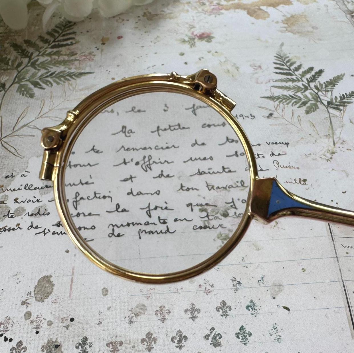Antique 14ct Gold Filled French Blue Enamel Folding Lorgnette/Quizzing Glass In Original Case. Victorian Eyeglasses. Gold Magnifying Pendant