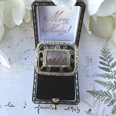 Antique Georgian 9ct Gold & Enamel Rectangular Mourning Brooch/Pendant With Hair Work. In Memory Of Memorial Brooch With Locket Compartment