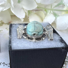 Cargar imagen en el visor de la galería, Antique Egyptian Sterling Silver Scarab &amp; Sarcophagus Brooch. 1920&#39;s Art Deco Egyptian Revival Tutankhamun Blue Scarab Bead Brooch/Lapel Pin
