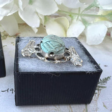 Cargar imagen en el visor de la galería, Antique Egyptian Sterling Silver Scarab &amp; Sarcophagus Brooch. 1920&#39;s Art Deco Egyptian Revival Tutankhamun Blue Scarab Bead Brooch/Lapel Pin
