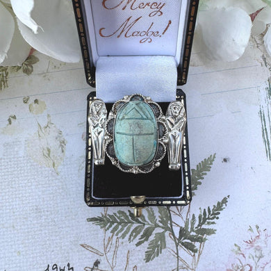 Antique Egyptian Sterling Silver Scarab & Sarcophagus Brooch. 1920's Art Deco Egyptian Revival Tutankhamun Blue Scarab Bead Brooch/Lapel Pin
