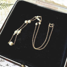 Load image into Gallery viewer, Antique 9ct Gold Pearl Station Necklace. Edwardian Graduated Natural Pearl Chain Choker Necklace. Yellow Gold Tin Cup Pearl Necklace
