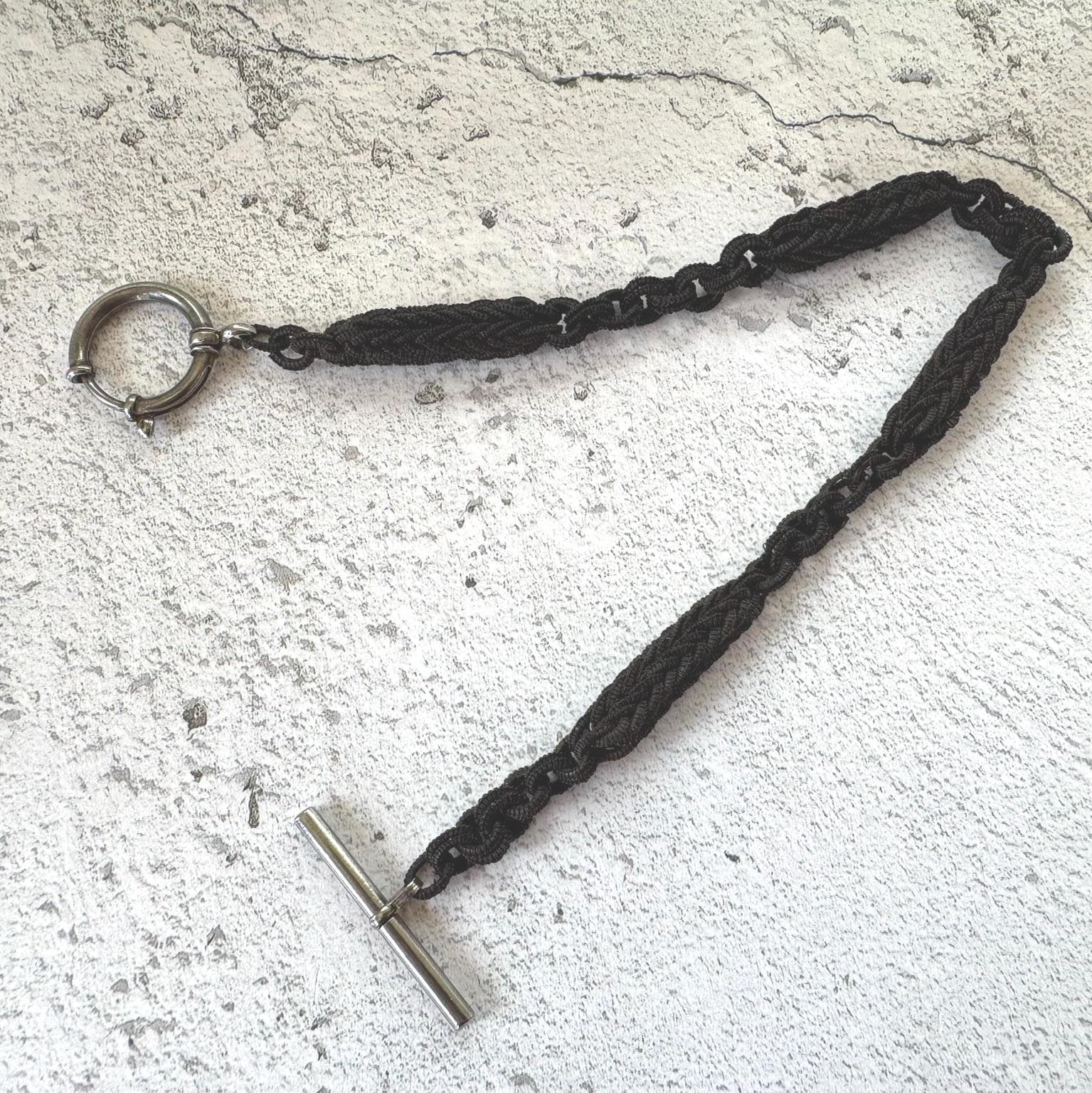 Victorian Horse Hair Watch Chain: Antique Hair Work Albertina with T-Bar & Large Spring Ring