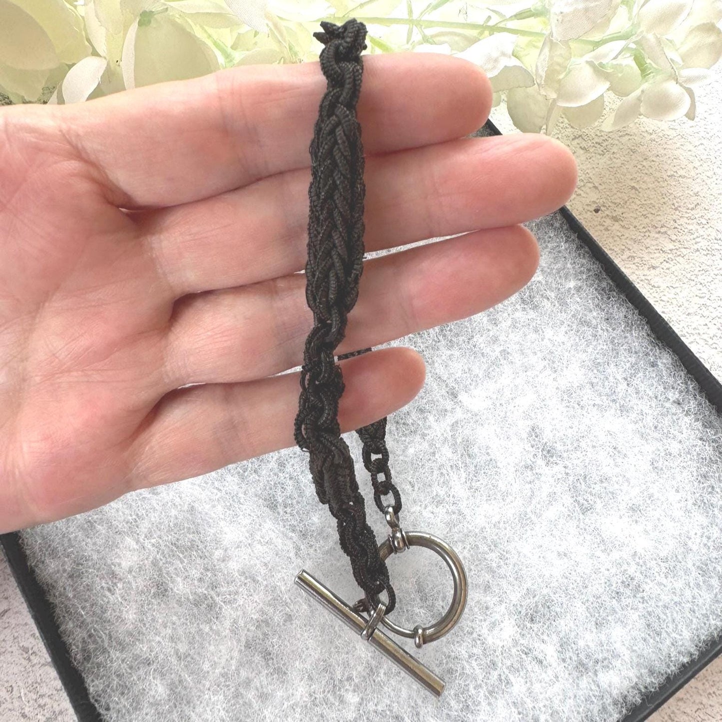 Victorian Horse Hair Watch Chain: Antique Hair Work Albertina with T-Bar & Large Spring Ring