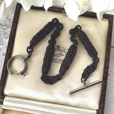 Victorian Horse Hair Watch Chain: Antique Hair Work Albertina with T-Bar & Large Spring Ring