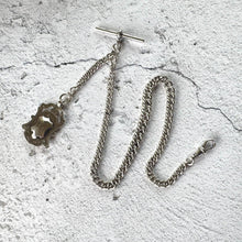 Cargar imagen en el visor de la galería, Edwardian Sterling Silver Watch Chain With Fob, T-Bar &amp; Dog Clip. Antique 1914 Silver Albert Chain. Silver Curb Link Watch Chain Bracelet
