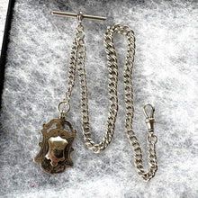 Cargar imagen en el visor de la galería, Edwardian Sterling Silver Watch Chain With Fob, T-Bar &amp; Dog Clip. Antique 1914 Silver Albert Chain. Silver Curb Link Watch Chain Bracelet
