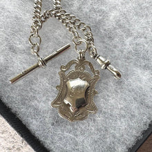 Cargar imagen en el visor de la galería, Edwardian Sterling Silver Watch Chain With Fob, T-Bar &amp; Dog Clip. Antique 1914 Silver Albert Chain. Silver Curb Link Watch Chain Bracelet
