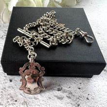 Cargar imagen en el visor de la galería, Edwardian Sterling Silver Watch Chain With Fob, T-Bar &amp; Dog Clip. Antique 1914 Silver Albert Chain. Silver Curb Link Watch Chain Bracelet
