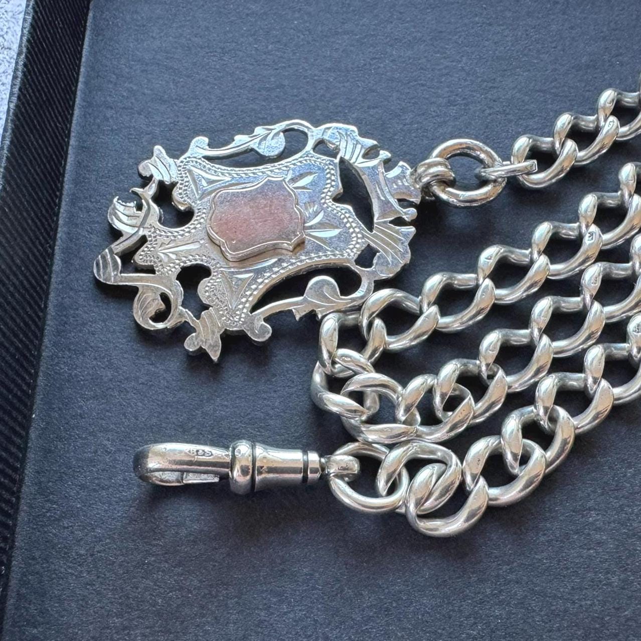 Antique Victorian Sterling Silver Albert Watch Chain/Necklace with Gold Shield Fob