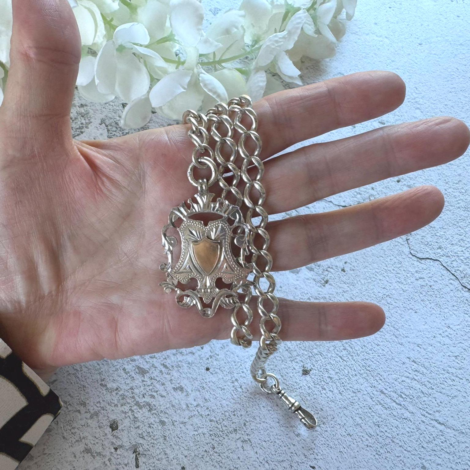 Antique Victorian Sterling Silver Albert Watch Chain/Necklace with Gold Shield Fob