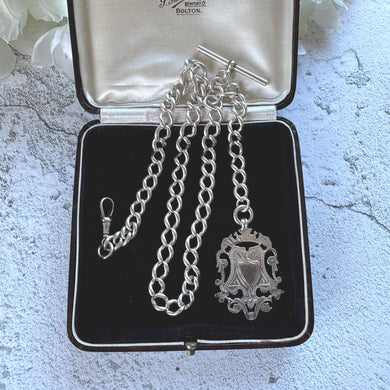 Antique Victorian Sterling Silver Albert Watch Chain/Necklace with Gold Shield Fob