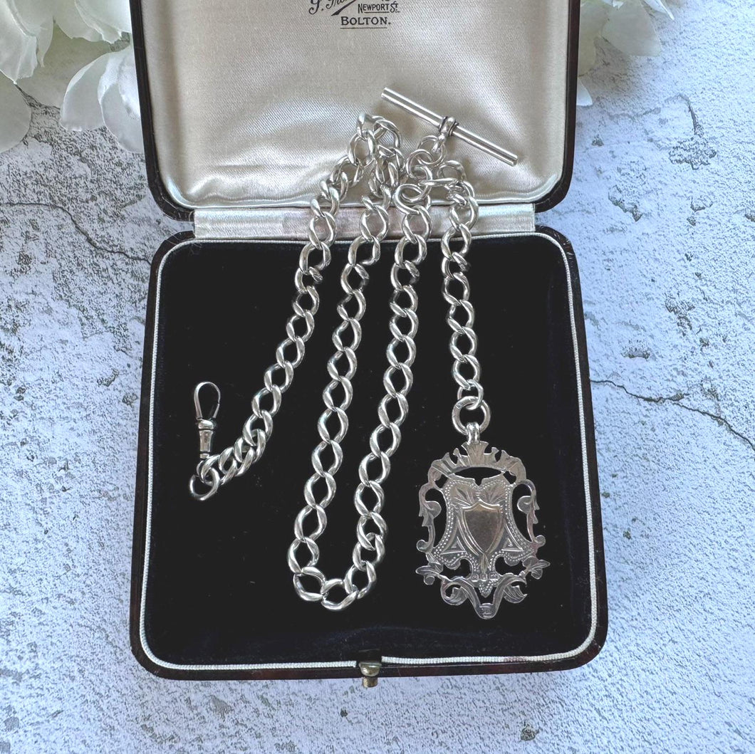 Antique Victorian Sterling Silver Albert Watch Chain/Necklace with Gold Shield Fob