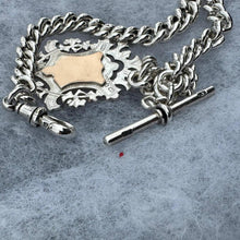 Cargar imagen en el visor de la galería, Antique Victorian Heavy Silver &amp; Gold Pocket Watch Chain Dated 1889 With Large Fob. Chunky Albert Watch Chain Bracelet With T-Bar and Clip
