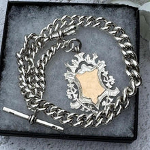 Cargar imagen en el visor de la galería, Antique Victorian Heavy Silver &amp; Gold Pocket Watch Chain Dated 1889 With Large Fob. Chunky Albert Watch Chain Bracelet With T-Bar and Clip
