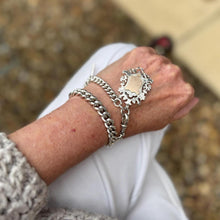 Cargar imagen en el visor de la galería, Antique Victorian Heavy Silver &amp; Gold Pocket Watch Chain Dated 1889 With Large Fob. Chunky Albert Watch Chain Bracelet With T-Bar and Clip

