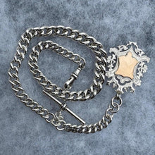 Cargar imagen en el visor de la galería, Antique Victorian Heavy Silver &amp; Gold Pocket Watch Chain Dated 1889 With Large Fob. Chunky Albert Watch Chain Bracelet With T-Bar and Clip
