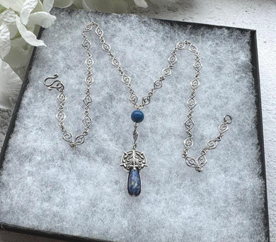 Antique Art Nouveau 800 Silver & Lapis Lazuli Lariat Necklace: Edwardian Ornate Chain Y-Necklace With Oxalis Leaf Drop Pendant