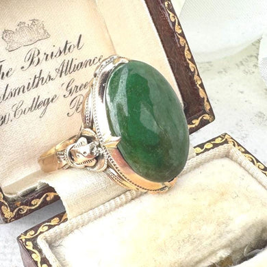 Art Deco 14ct Gold Jade Cabochon Ring. Deep Emerald Green 12ct Jade Cabochon Statement Ring. Ornate Antique Chinese Export Ring Size R/8.5
