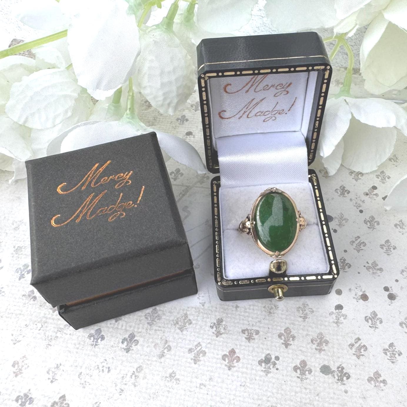 Art Deco 14ct Gold Jade Cabochon Ring. Deep Emerald Green 12ct Jade Cabochon Statement Ring. Ornate Antique Chinese Export Ring Size R/8.5