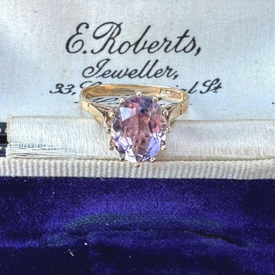Vintage 1970s 3ct Oval Cut Amethyst Solitaire 9ct Gold Cocktail Ring. Yellow Gold High Set Lavender Purple Stone Statement Ring Size N/6.75
