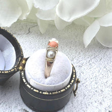 Cargar imagen en el visor de la galería, Antique Victorian 9ct Gold Coral &amp; Pearl Trilogy Boat Ring. Yellow Gold Gemstone Set Band Ring. Classic Victorian Ring Size M-1/2, 6-1/2
