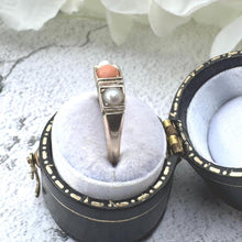 Cargar imagen en el visor de la galería, Antique Victorian 9ct Gold Coral &amp; Pearl Trilogy Boat Ring. Yellow Gold Gemstone Set Band Ring. Classic Victorian Ring Size M-1/2, 6-1/2
