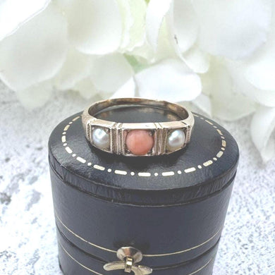 Antique Victorian 9ct Gold Coral & Pearl Trilogy Boat Ring. Yellow Gold Gemstone Set Band Ring. Classic Victorian Ring Size M-1/2, 6-1/2