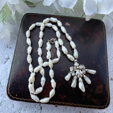 Cargar imagen en el visor de la galería, Antique Georgian Baroque Pearl &amp; Diamond Pendant Necklace. Old Rose Cut Diamond, Dog Tooth River Pearl Fan Lavalier Pendant Necklace, c1760
