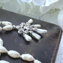 Cargar imagen en el visor de la galería, Antique Georgian Baroque Pearl &amp; Diamond Pendant Necklace. Old Rose Cut Diamond, Dog Tooth River Pearl Fan Lavalier Pendant Necklace, c1760
