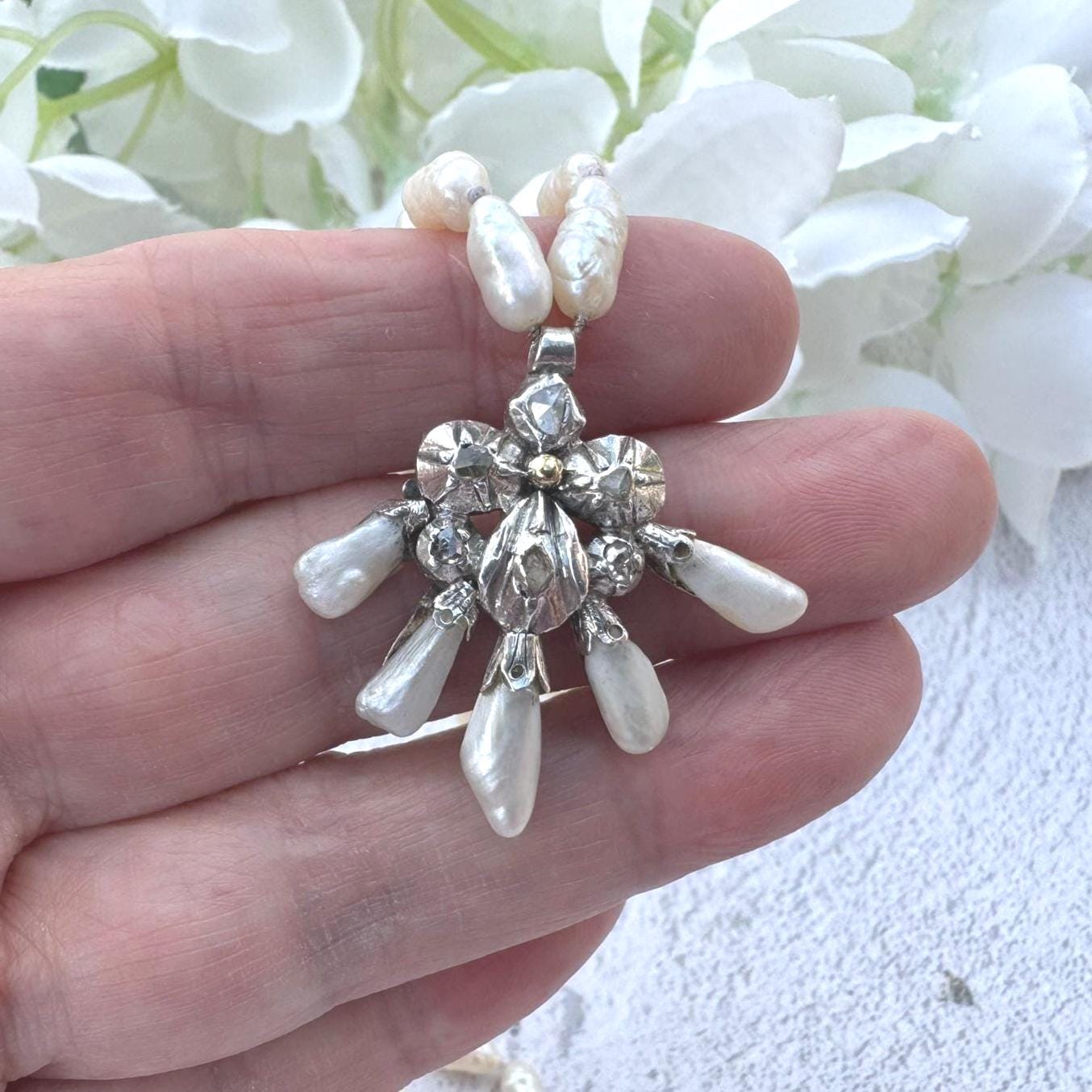 Antique Georgian Pearl & Rose Cut Diamond Pendant Necklace