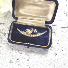 Lade das Bild in den Galerie-Viewer, Antique Silver, Pearl &amp; Ruby Crescent Moon Saint Esprit Brooch. Victorian Shamrock and Dove Sweetheart Brooch. Stock, Cravat, Lapel Pin
