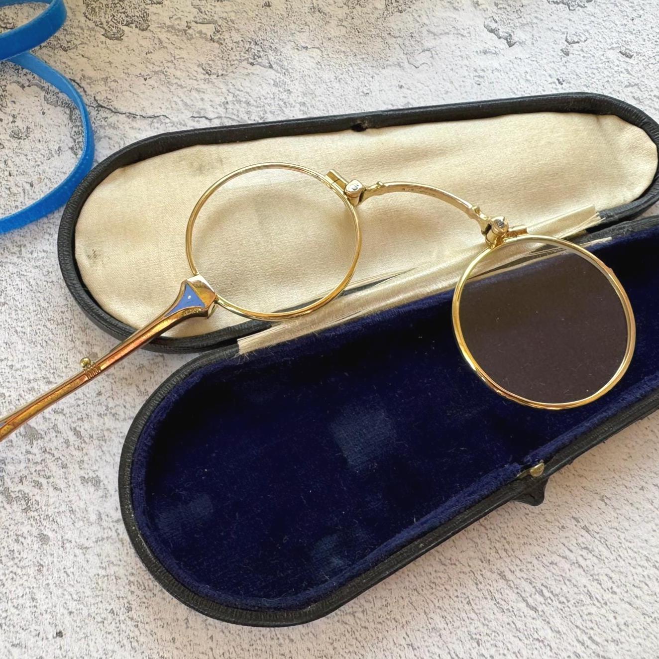 Antique 14ct Gold Filled French Blue Enamel Folding Lorgnette/Quizzing Glass In Original Case. Victorian Eyeglasses. Gold Magnifying Pendant