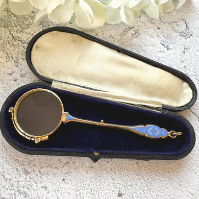 Antique 14ct Gold Filled French Blue Enamel Folding Lorgnette/Quizzing Glass In Original Case. Victorian Eyeglasses. Gold Magnifying Pendant