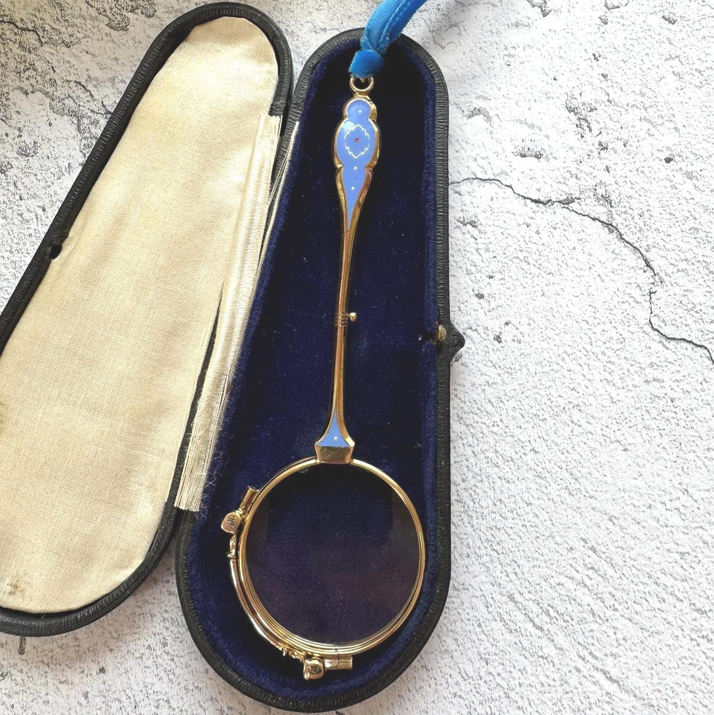 Antique 14ct Gold Filled French Blue Enamel Folding Lorgnette/Quizzing Glass In Original Case. Victorian Eyeglasses. Gold Magnifying Pendant