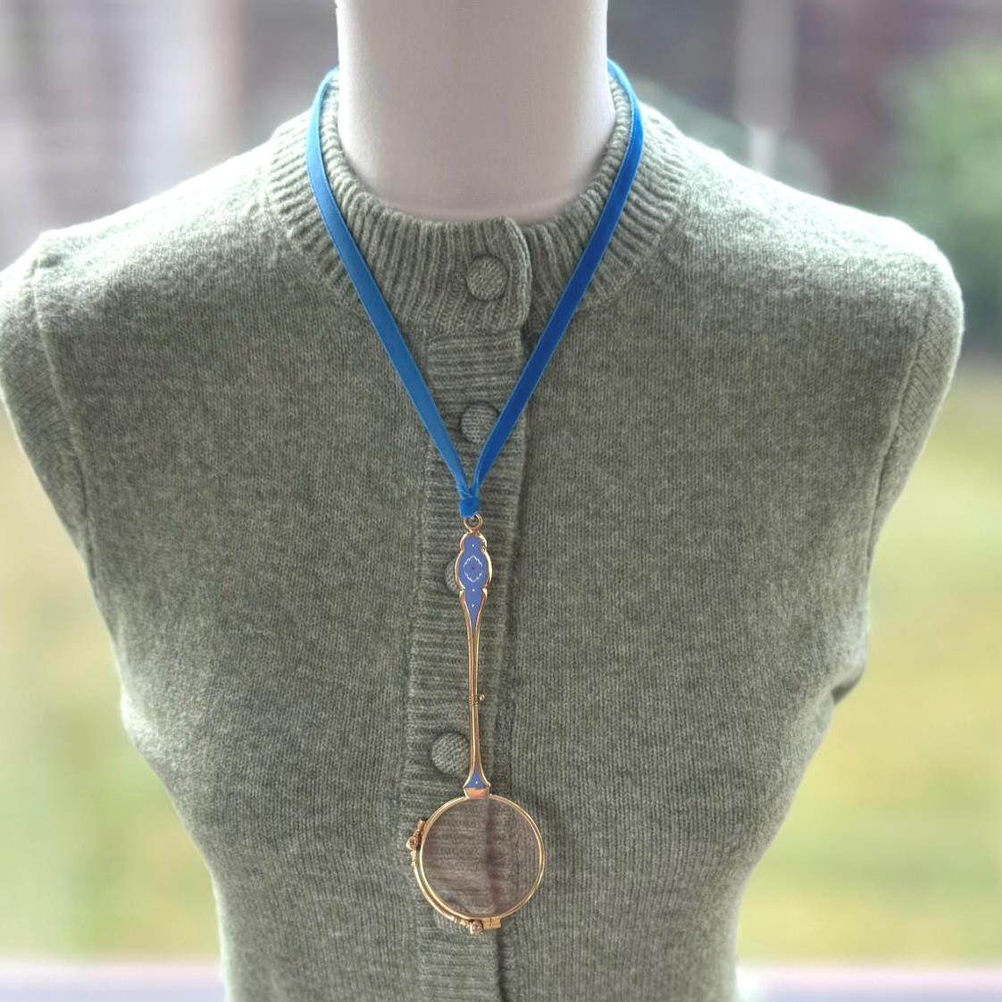 Antique 14ct Gold Filled French Blue Enamel Folding Lorgnette/Quizzing Glass In Original Case. Victorian Eyeglasses. Gold Magnifying Pendant