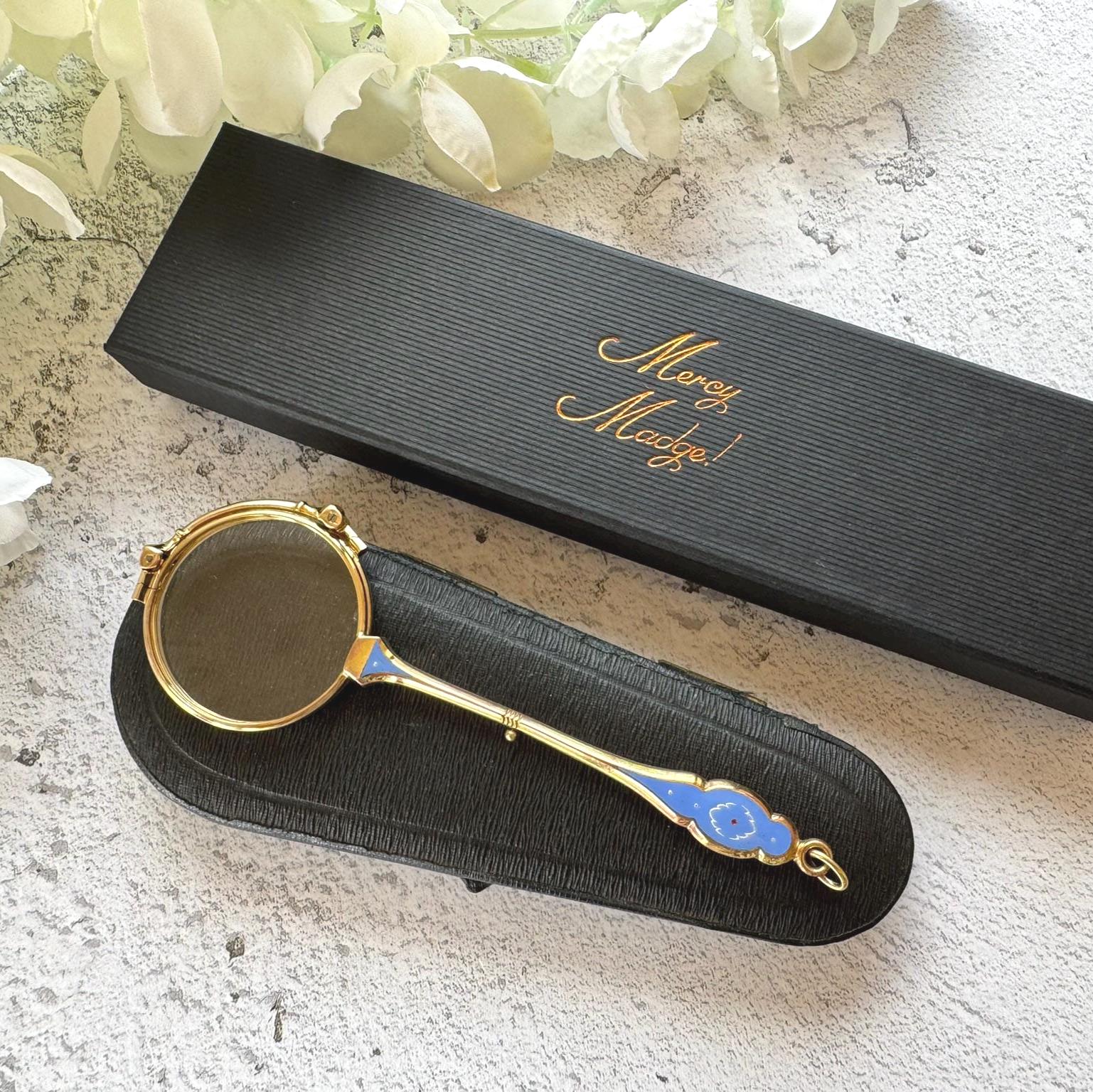 Antique 14ct Gold Filled French Blue Enamel Folding Lorgnette/Quizzing Glass In Original Case. Victorian Eyeglasses. Gold Magnifying Pendant