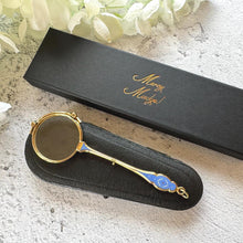 Load image into Gallery viewer, Antique 14ct Gold Filled French Blue Enamel Folding Lorgnette/Quizzing Glass In Original Case. Victorian Eyeglasses. Gold Magnifying Pendant

