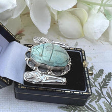 Cargar imagen en el visor de la galería, Antique Egyptian Sterling Silver Scarab &amp; Sarcophagus Brooch. 1920&#39;s Art Deco Egyptian Revival Tutankhamun Blue Scarab Bead Brooch/Lapel Pin
