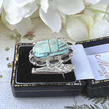 Cargar imagen en el visor de la galería, Antique Egyptian Sterling Silver Scarab &amp; Sarcophagus Brooch. 1920&#39;s Art Deco Egyptian Revival Tutankhamun Blue Scarab Bead Brooch/Lapel Pin

