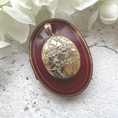 Antique Victorian Gold Tone Floral Locket Pendant: Engraved Oval Photo Keepsake