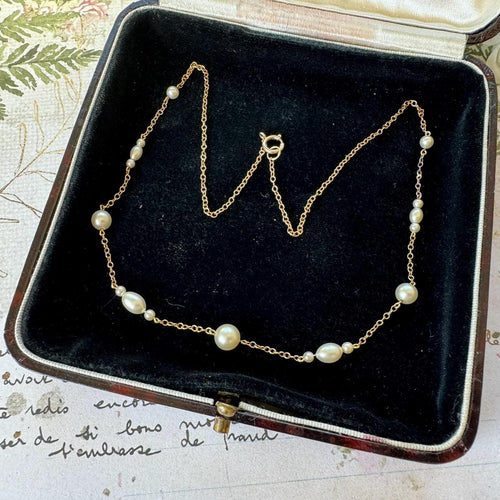 Antique 9ct Gold Pearl Station Necklace. Edwardian Graduated Natural Pearl Chain Choker Necklace. Yellow Gold Tin Cup Pearl Necklace