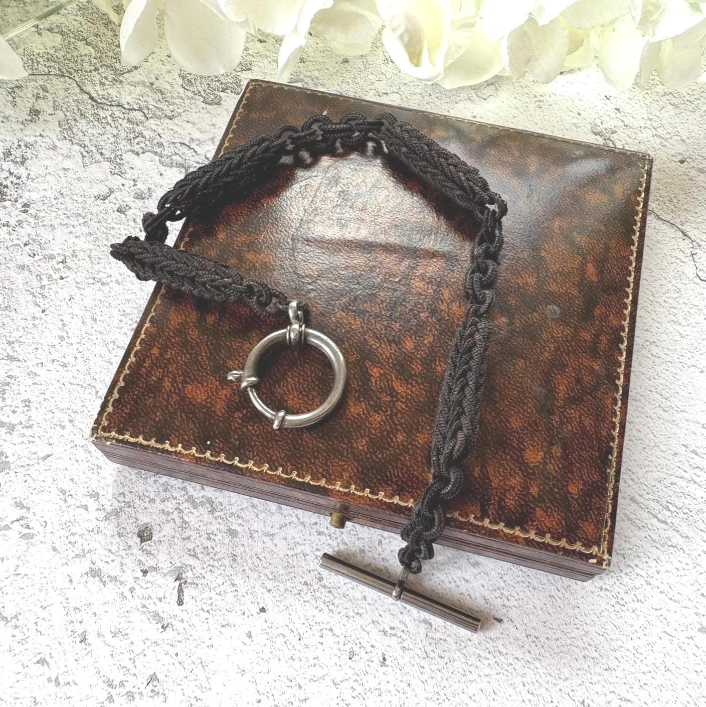 Victorian Horse Hair Watch Chain: Antique Hair Work Albertina with T-Bar & Large Spring Ring