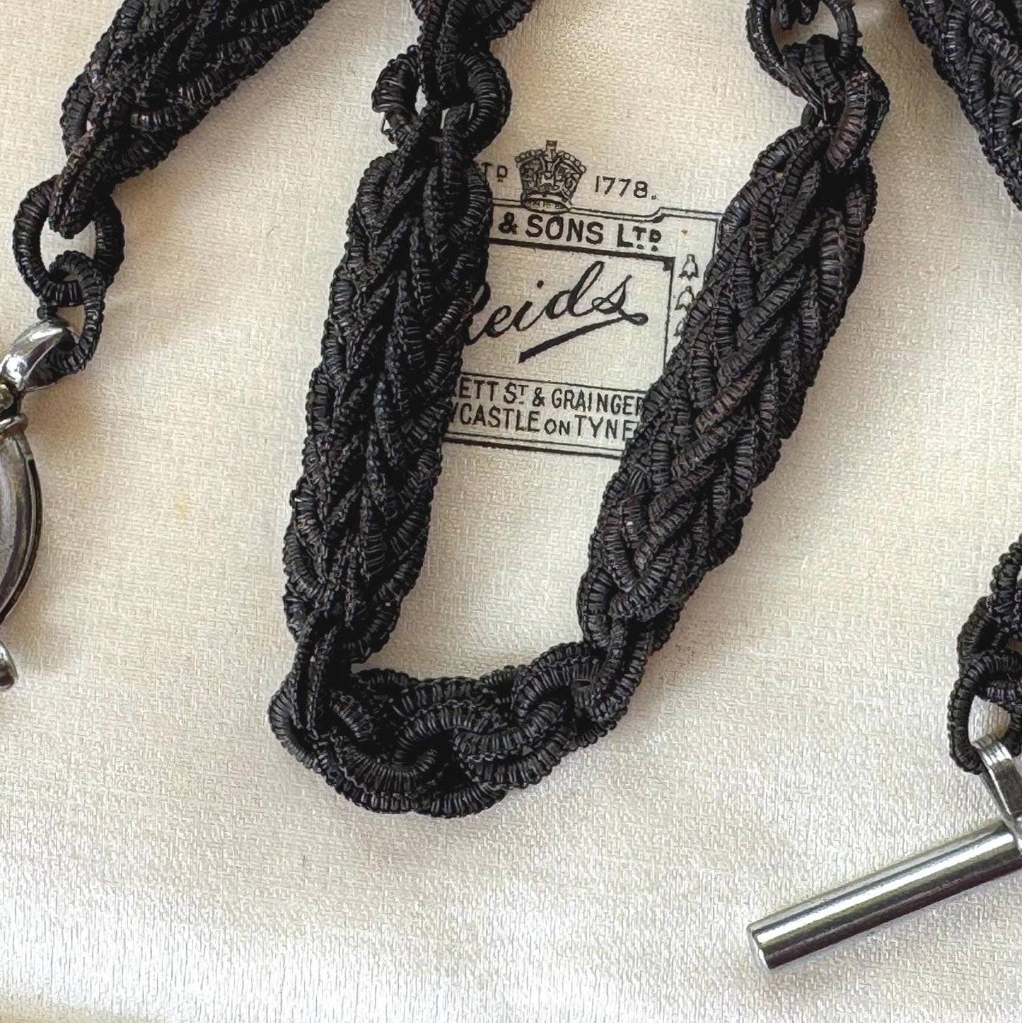 Victorian Horse Hair Watch Chain: Antique Hair Work Albertina with T-Bar & Large Spring Ring