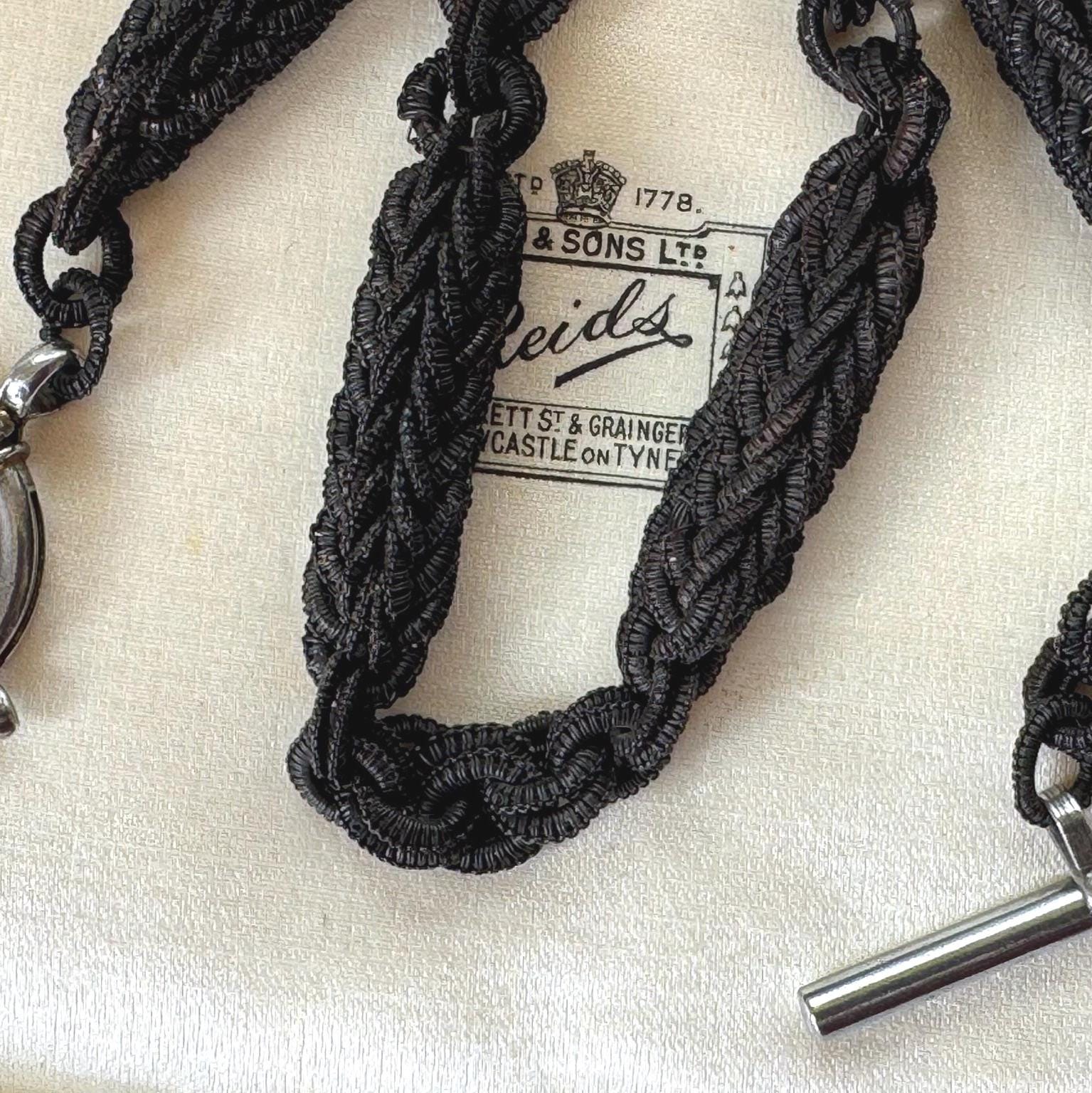 Victorian Horse Hair Watch Chain: Antique Hair Work Albertina with T-Bar & Large Spring Ring