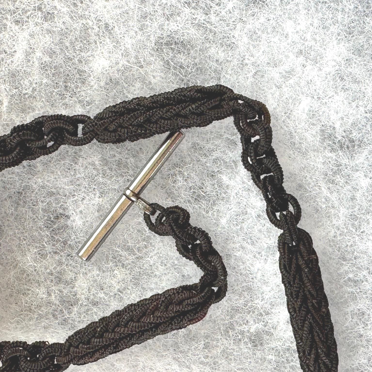 Victorian Horse Hair Watch Chain: Antique Hair Work Albertina with T-Bar & Large Spring Ring