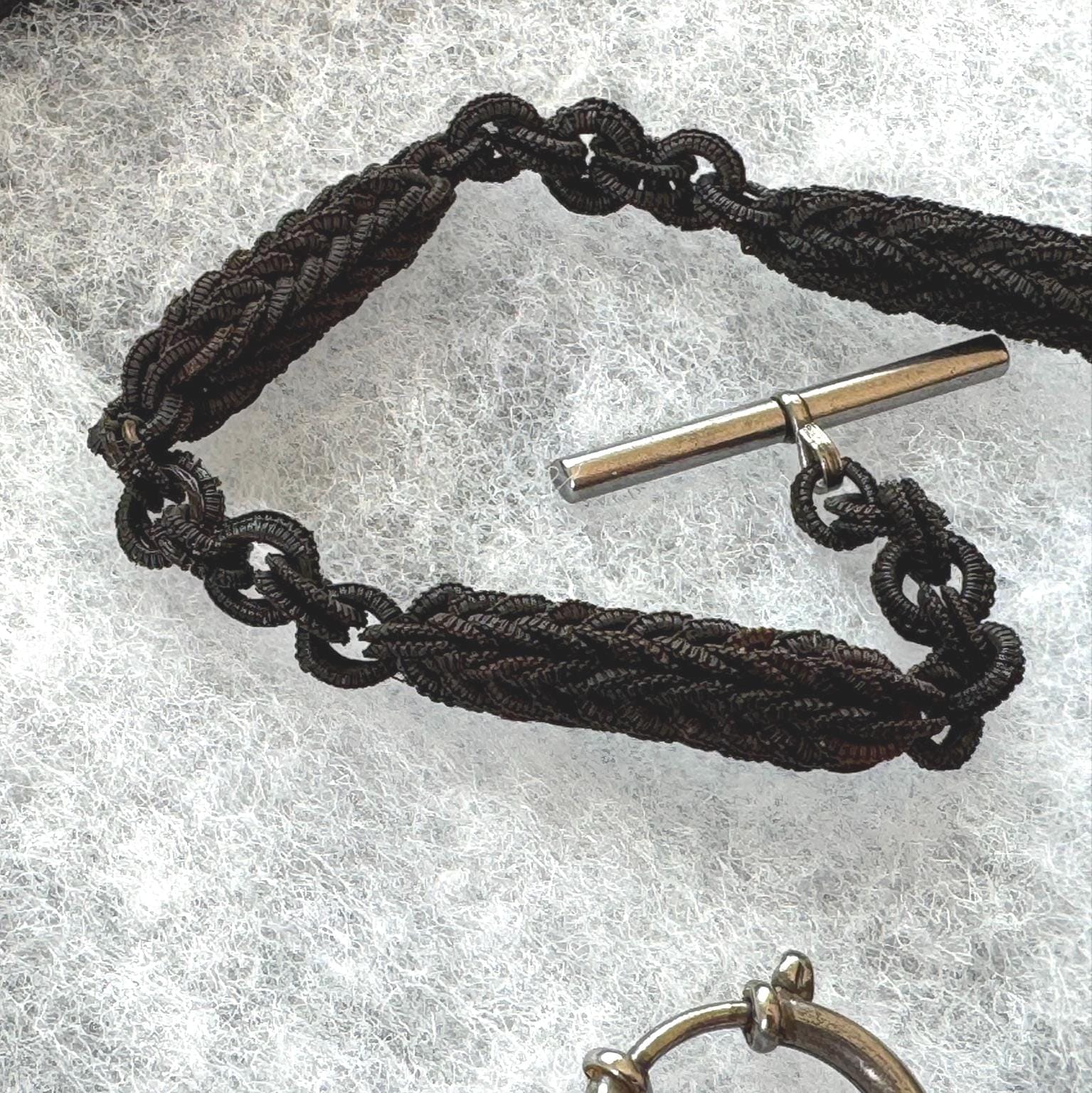 Victorian Horse Hair Watch Chain: Antique Hair Work Albertina with T-Bar & Large Spring Ring